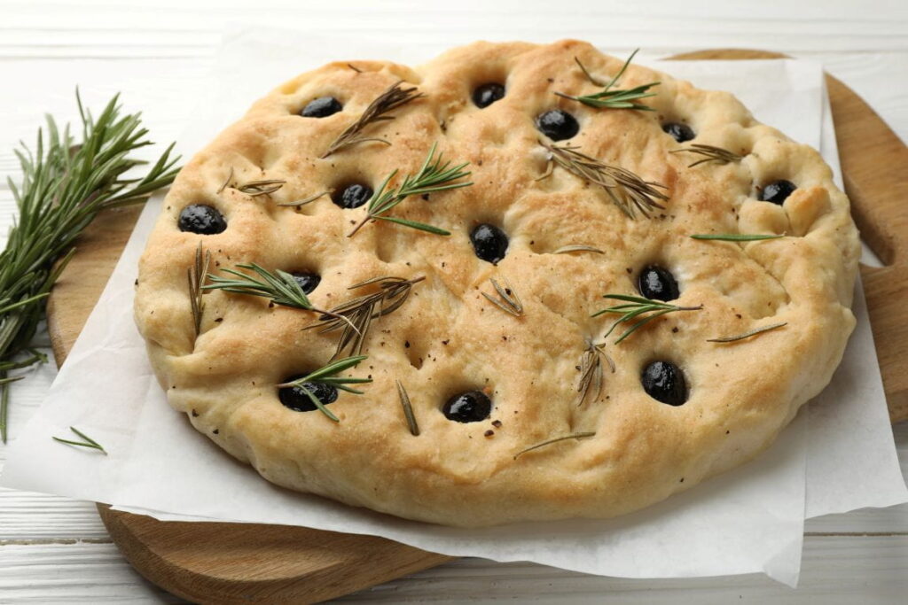 Foccacia with olives and rosemary. It is among the best Italian food in Italy