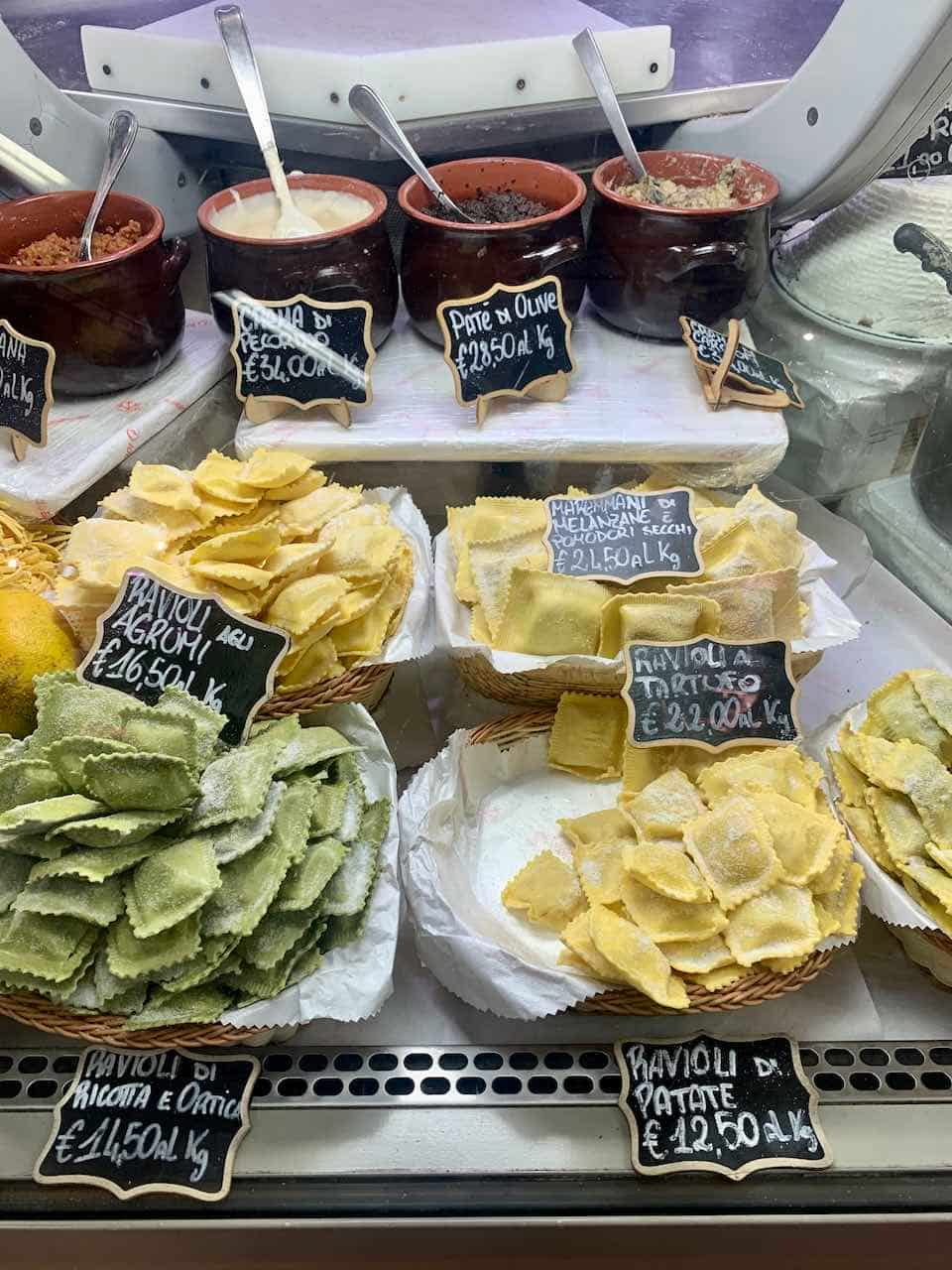 Ravioli at Food at Mercato di Sant’Ambrogio in Florence, Italy. Ravioli pasta belongs to the best Italian food. 