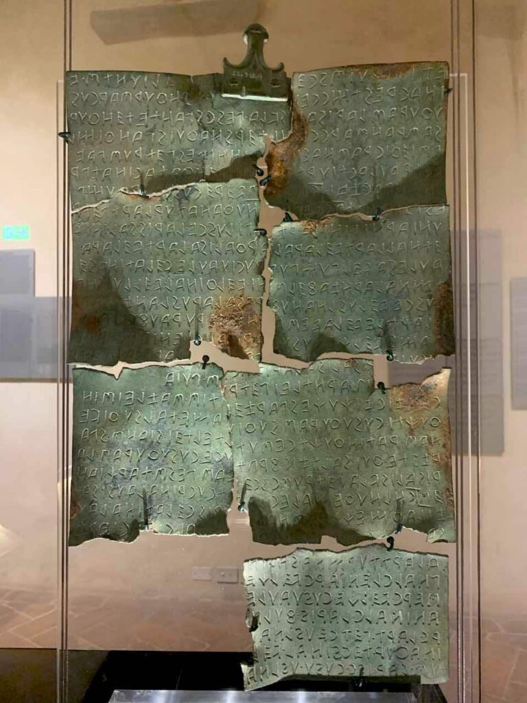 Tabula Cortonensis, a 2200-year-old, inscribed bronze tablet, in the Etruscan Museum in Cortona Italy 