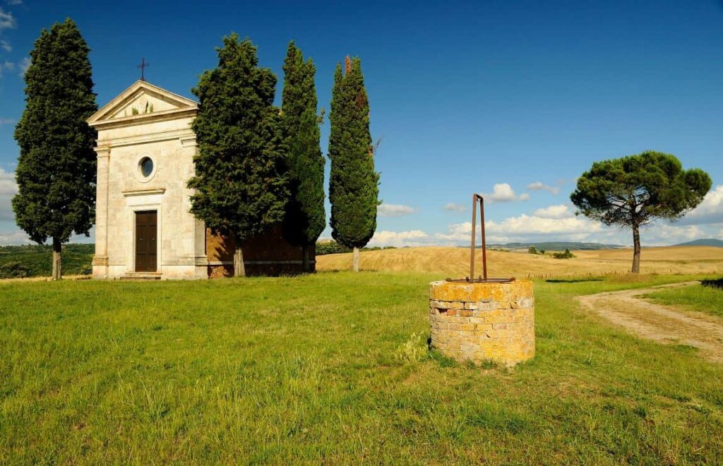 The Chapel of the Madonna di Vitaleta among the cypress trees in Val d Orcia Italy 
