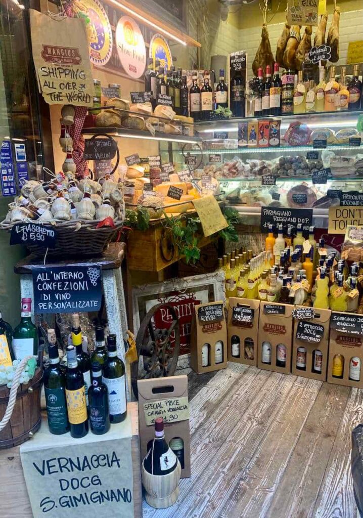 A shop with Vernaccia di San Gimignano, a famous wine from San Gimignano Italy