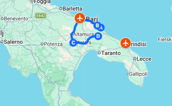 I Drove All Over Puglia, Italy — Here Are 6 Road Trip Itineraries That Actually Work Map of the 3-day Puglia road trip route: Polignano a Mare, Monopoli, Matera, and Alberobello