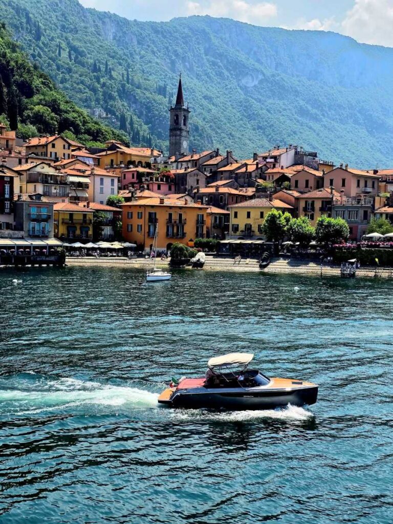 the colorful waterfront buildings of Varenna, a picturesque village nestled on the eastern shore of Lake Como, 