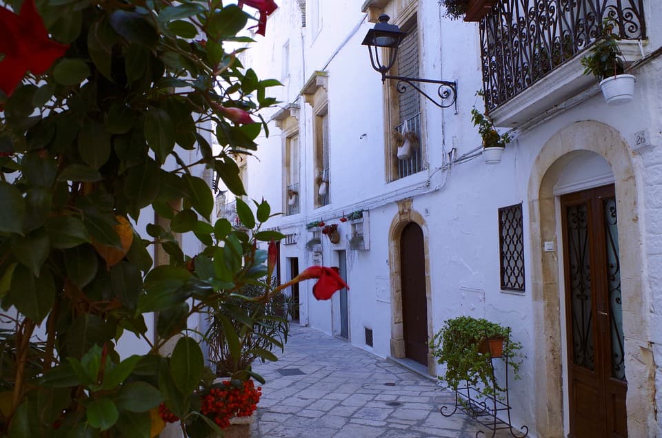 I Drove All Over Puglia, Italy — Here Are 6 Road Trip Itineraries That Actually Work Sunlit stone alleyway with whitewashed buildings and red flowers in the historic centre of Locorotondo, Puglia, Italy.