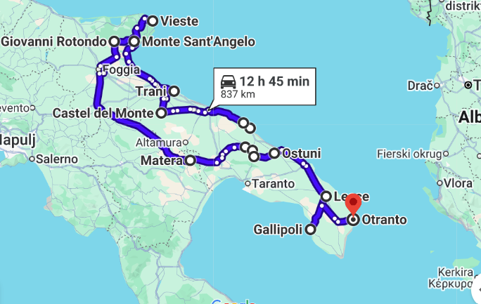 I Drove All Over Puglia, Italy — Here Are 6 Road Trip Itineraries That Actually Work Map of the 2-week Puglia road trip route from Bari to the Gargano and Salento coasts