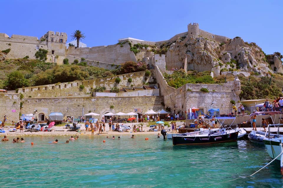 Historic fortifications and beach on San Nicola island in the Tremiti Islands, Puglia, Italy