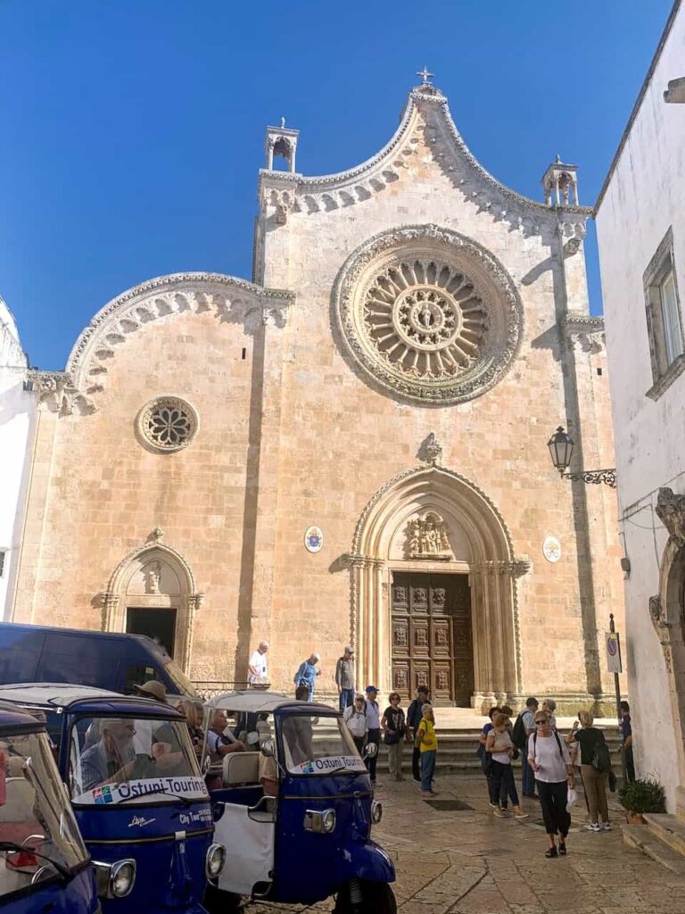 Ostuni Cathedral (Concattedrale di Santa Maria Assunta) overlooking the historic center of Ostuni, Puglia, Italy.