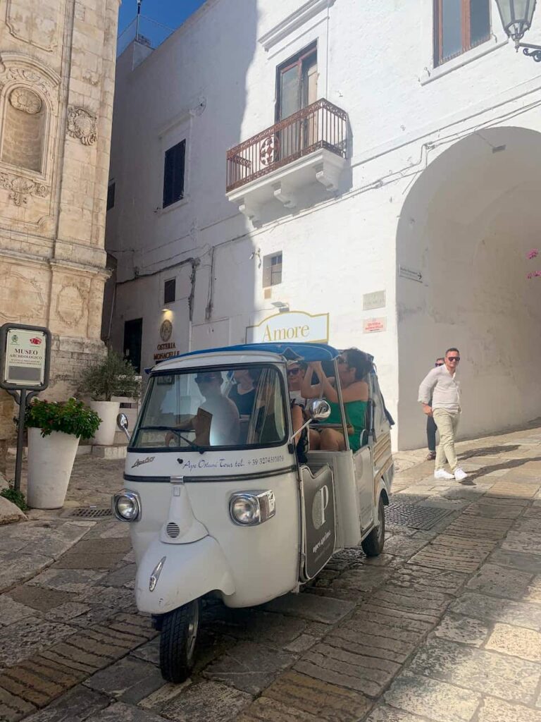 White Ape Calessino in Ostuni old town streets, Puglia Italy