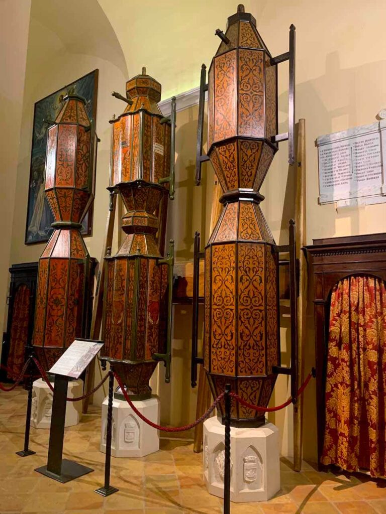 The three wooden Ceri of Gubbio displayed inside the Basilica of Sant'Ubaldo on Mount Ingino, Italy